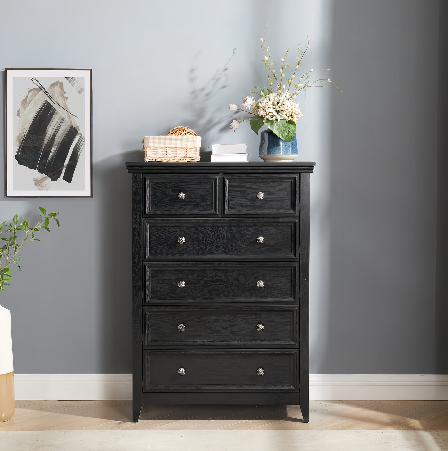 Modern 6-Drawer Dresser - Black Storage Cabinet for Living Room