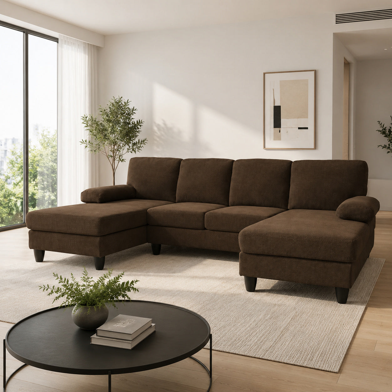 Comfortable U-Shaped Sofa with Dual Chaise & Nubby Upholstery - Coffee