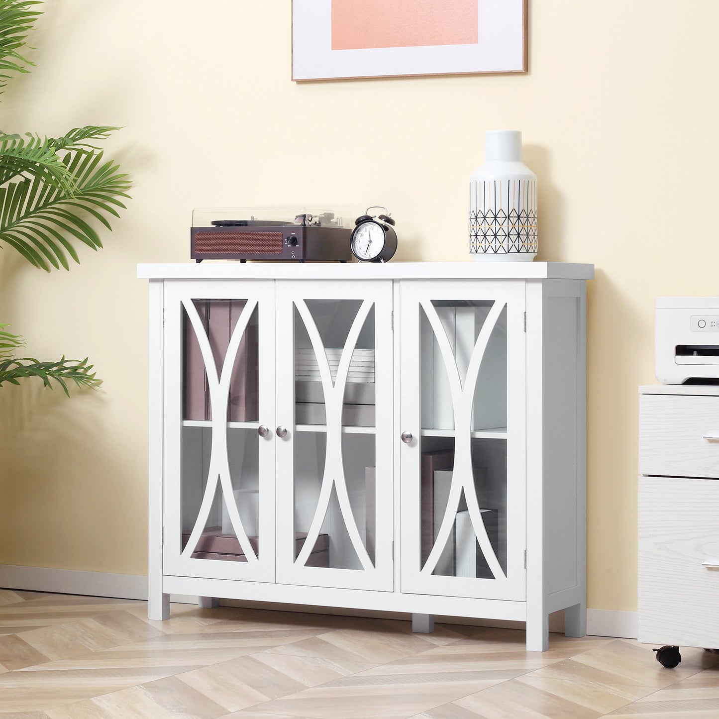 Sideboard, Buffet Cabinet with 3 Tempered Glass Doors, Arc Pattern
