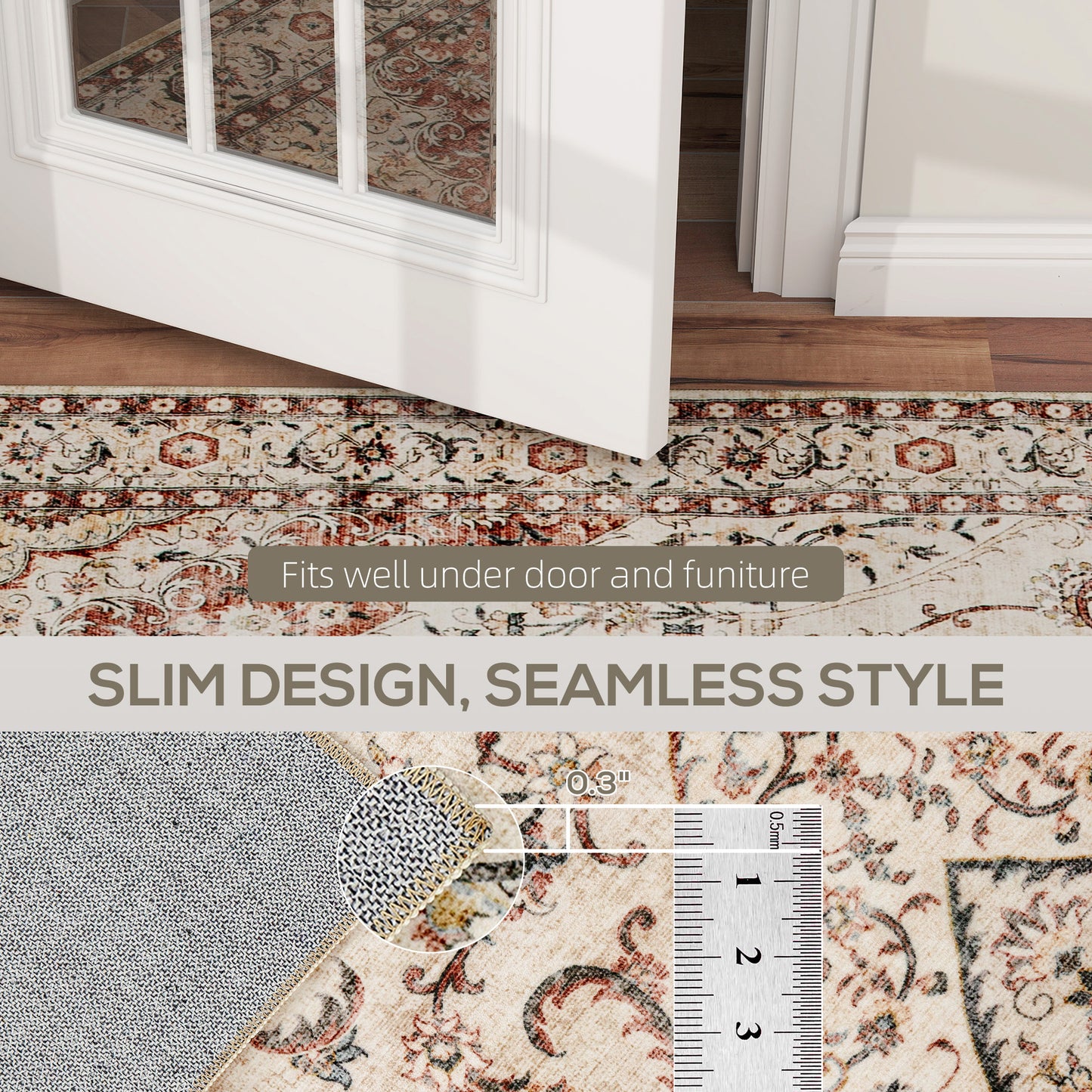 Machine Washable Floral Area Rug 4x6 - Non-Slip Mixed-Brown