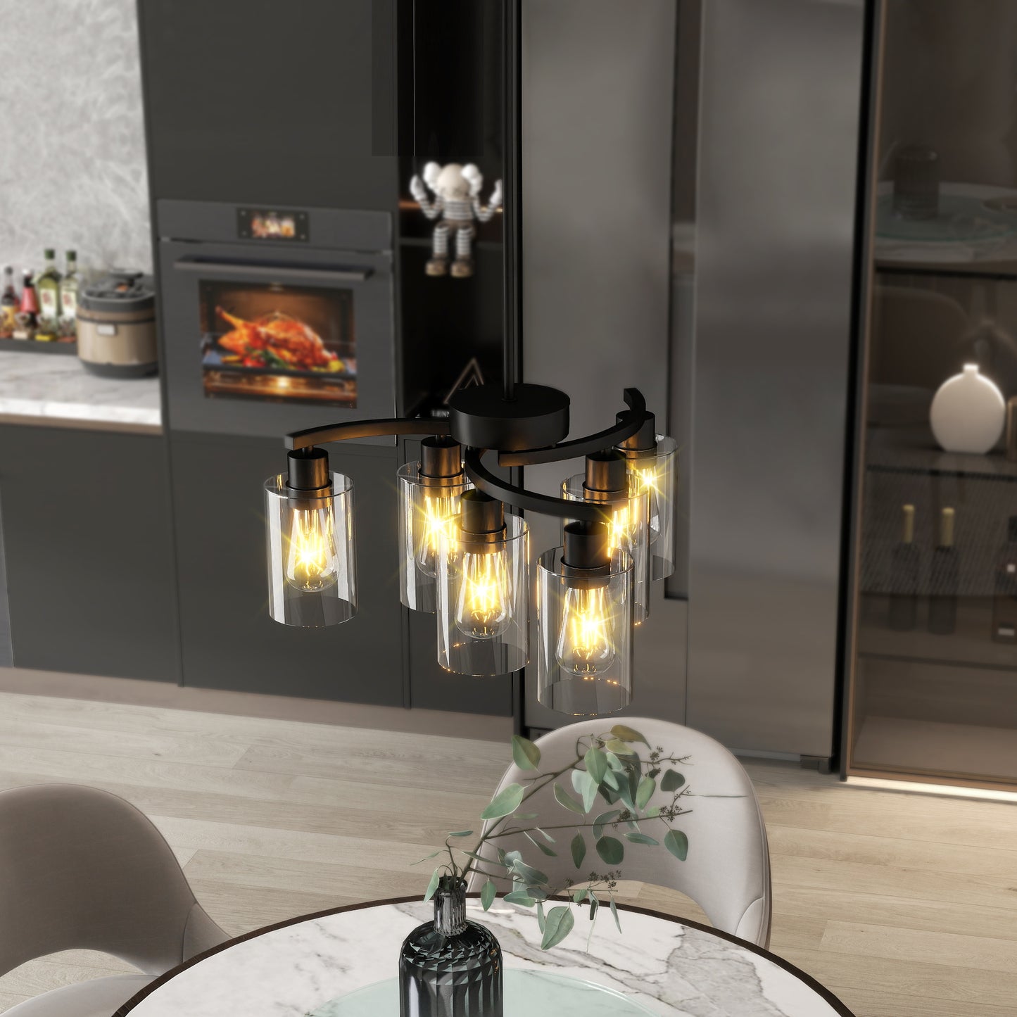 6-Light Farmhouse Black Chandelier for Dining Room Modern Pendant Light Fixture