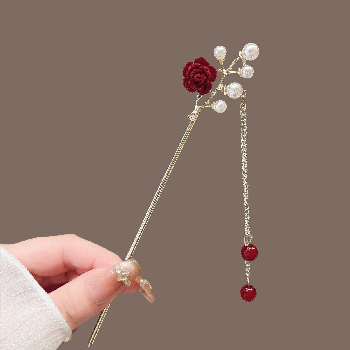 Vintage Floral Hair Stick with Red Flowers and Gold Leaves - Women’s Hair Accessory