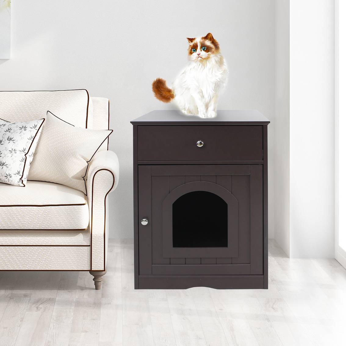Wooden Cat House with Drawer Side Table Indoor Pet Enclosure