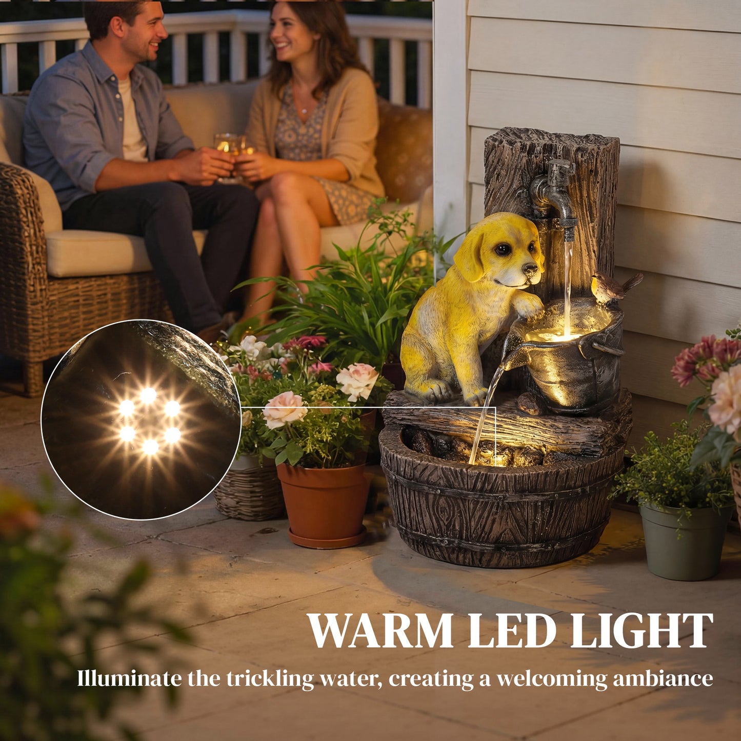 22-Inch Outdoor Fountain with Puppy Theme, Resin Garden Water Feature with LED Lights