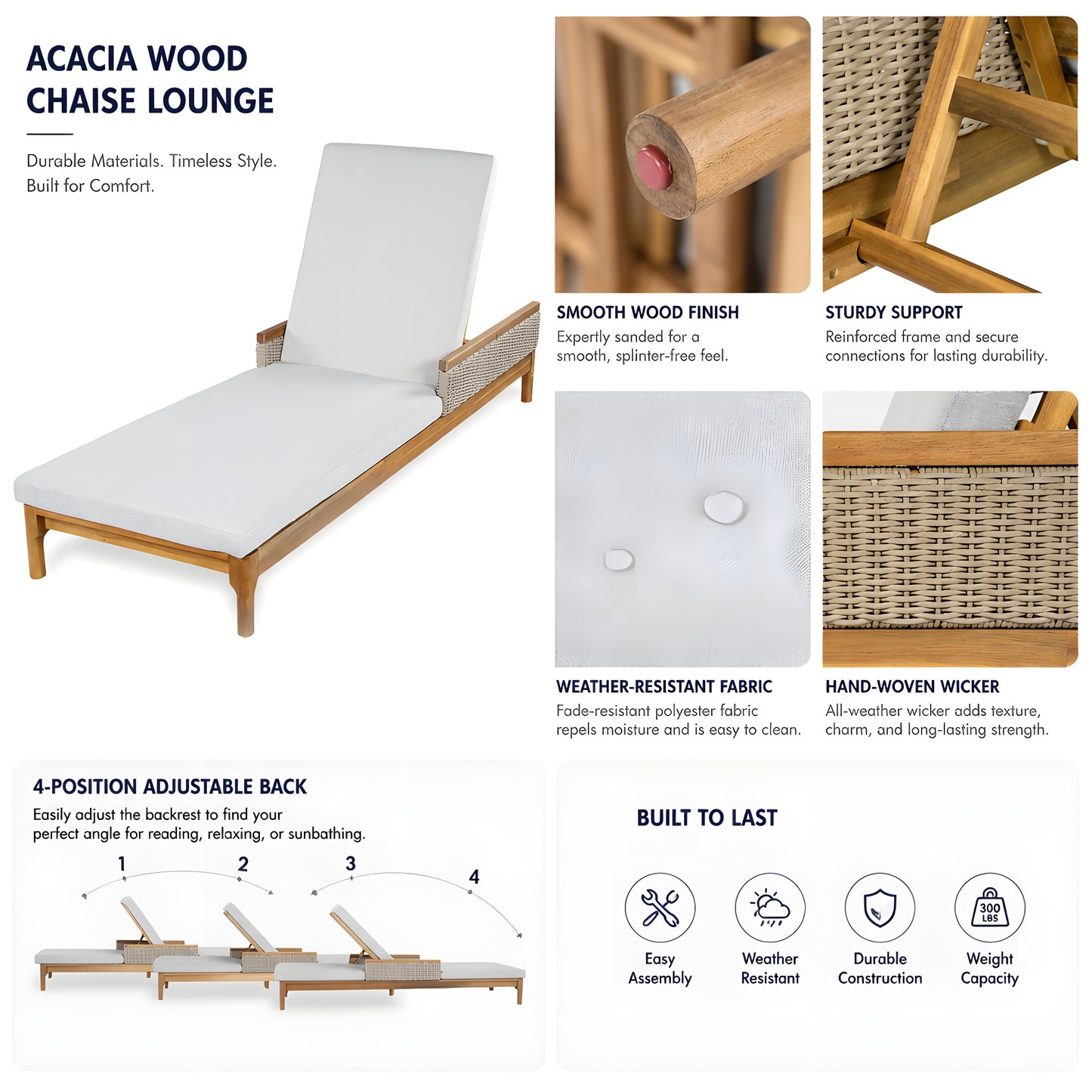76.8" Solid Acacia Wood Sun Chaise Lounger Set of 2 - Light Grey