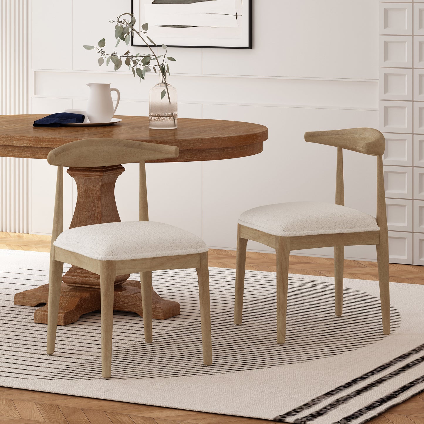 Mid-Century Modern Dining Chair Set of 2 - Ivory Upholstered