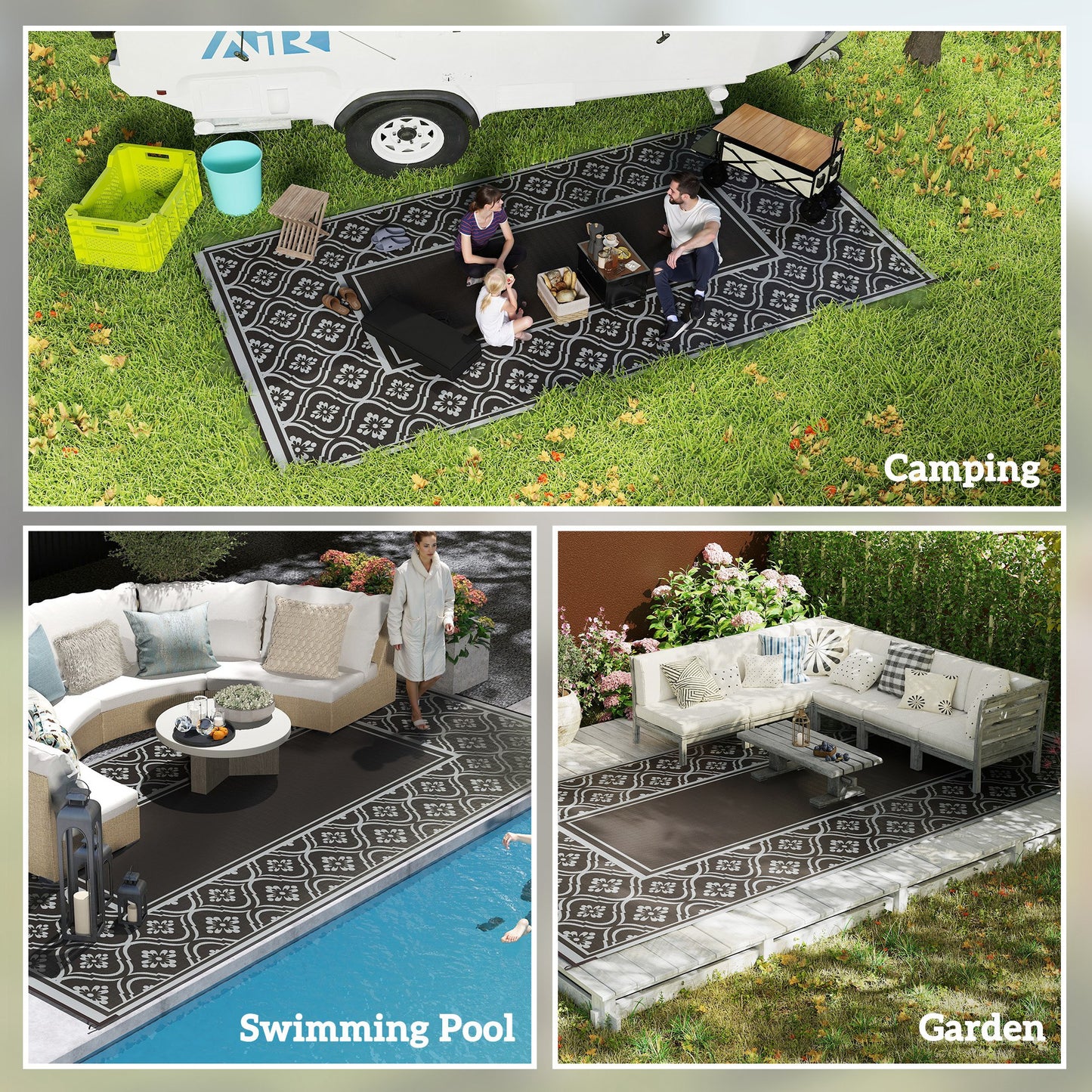 Reversible Waterproof Outdoor Rug with Carry Bag - Black & Gray Gourd Border
