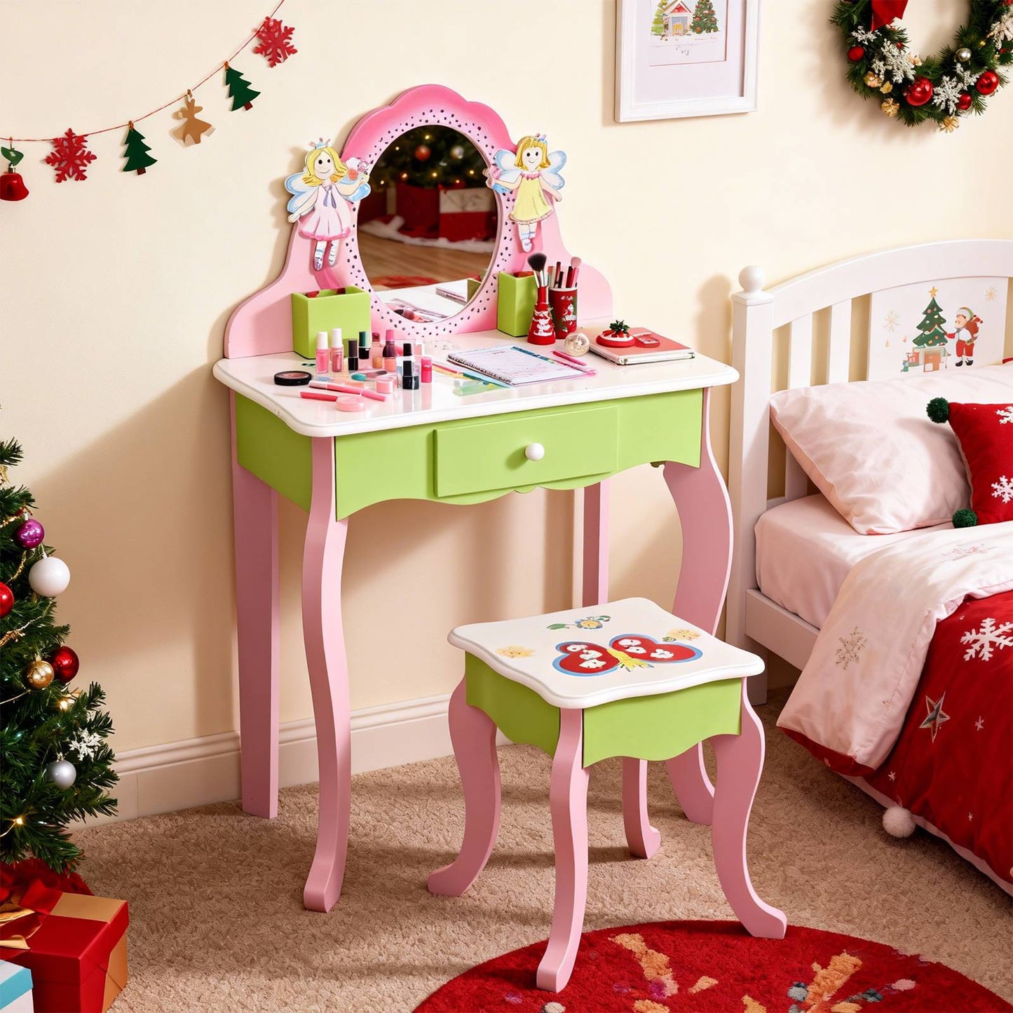 Kids Vanity Set With Mirror Drawer Flower Fairy Design Wooden Toddler