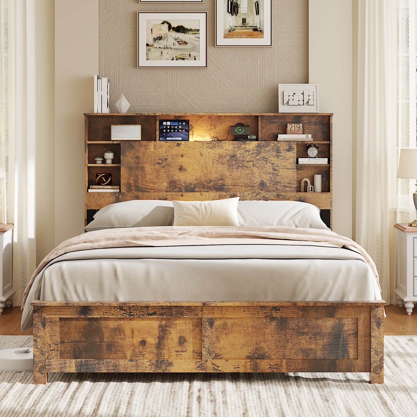 Full Wooden Platform Bed Frame with Bookcase Headboard & LED
