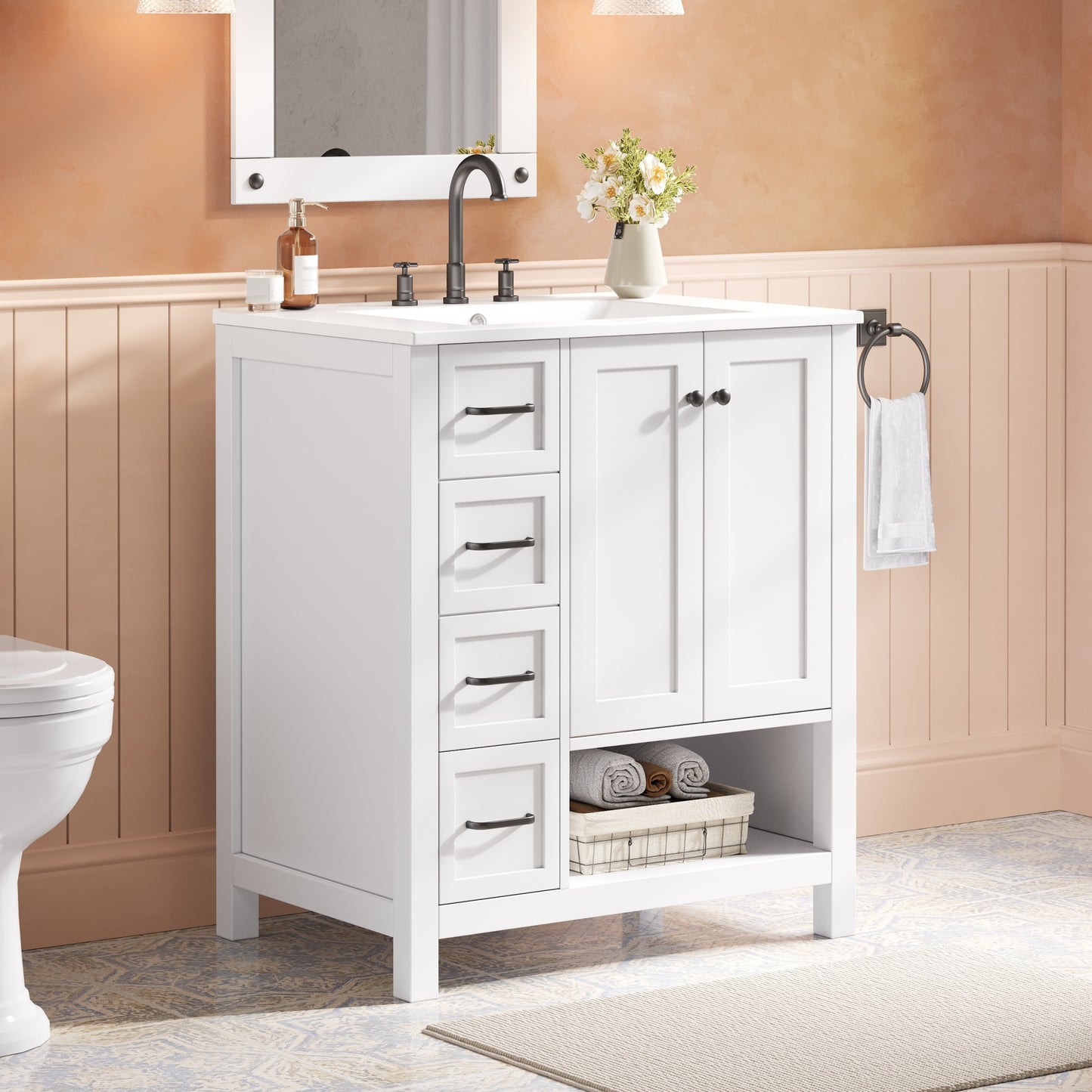 30" Solid Wood Bathroom Vanity with Sink Top and Storage - White