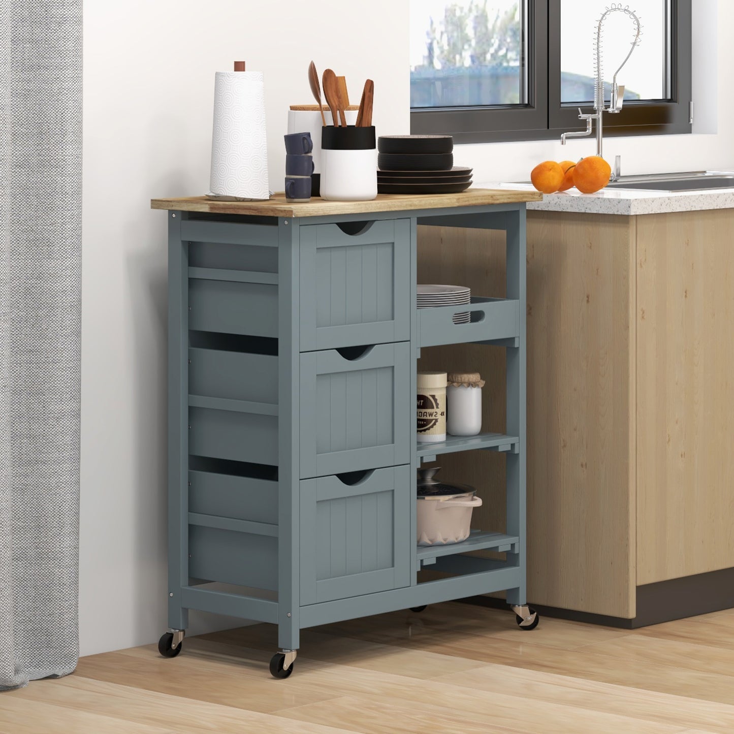 Rolling Kitchen Cart with Wood Top, Shelves & Drawers - Gray