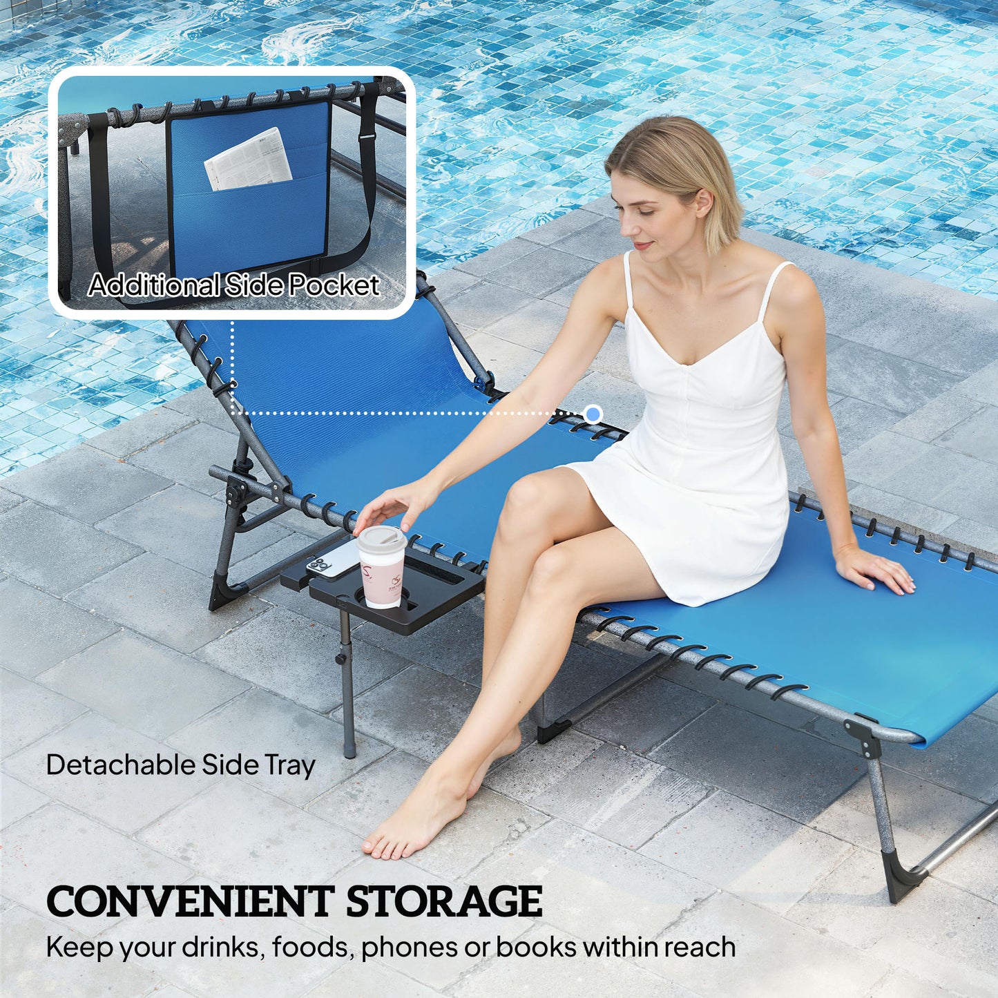 Folding Outdoor Chaise Lounge Chair with Adjustable Back, Blue