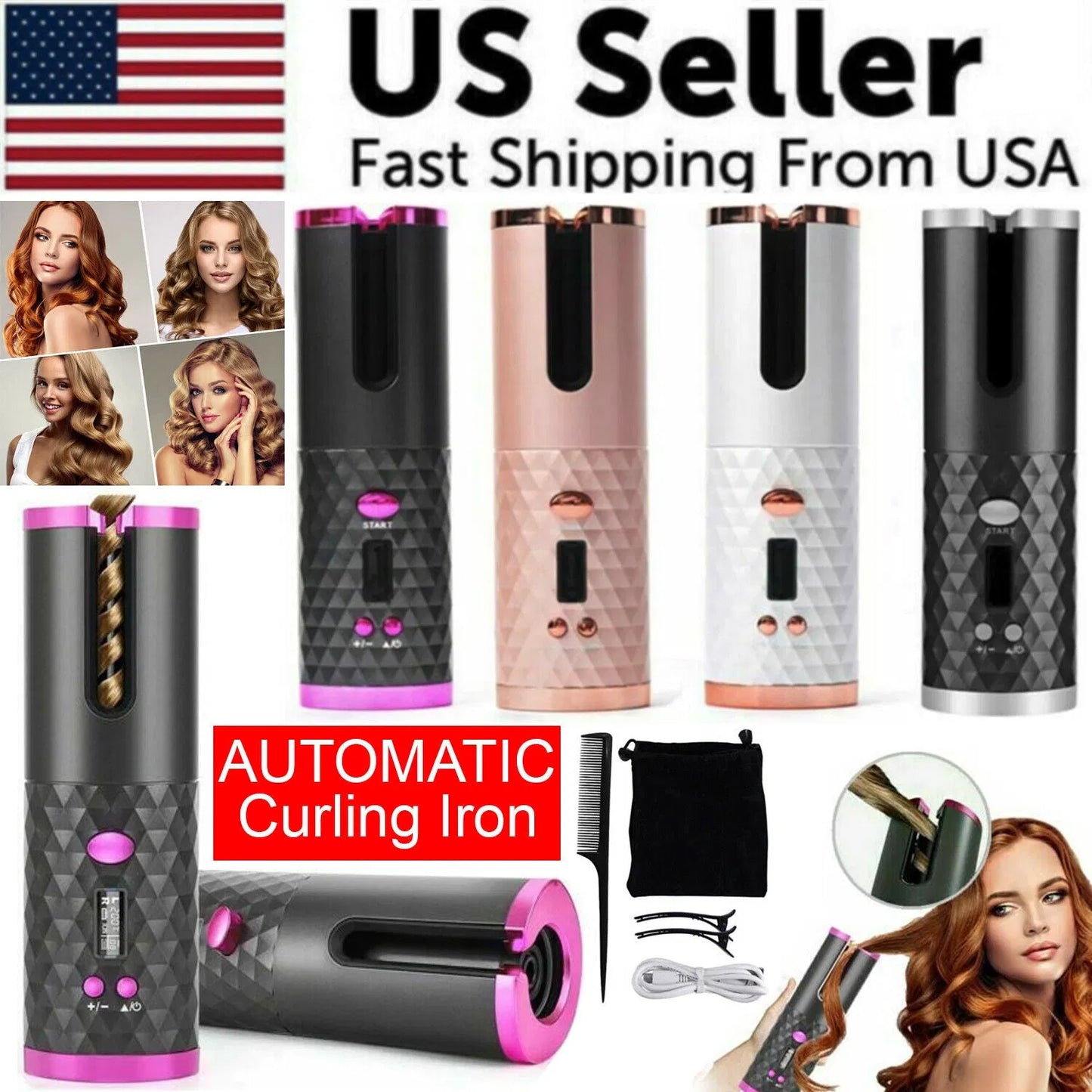 Cordless Auto-Rotating Hair Curler - Ceramic Wireless Curling Iron - Black