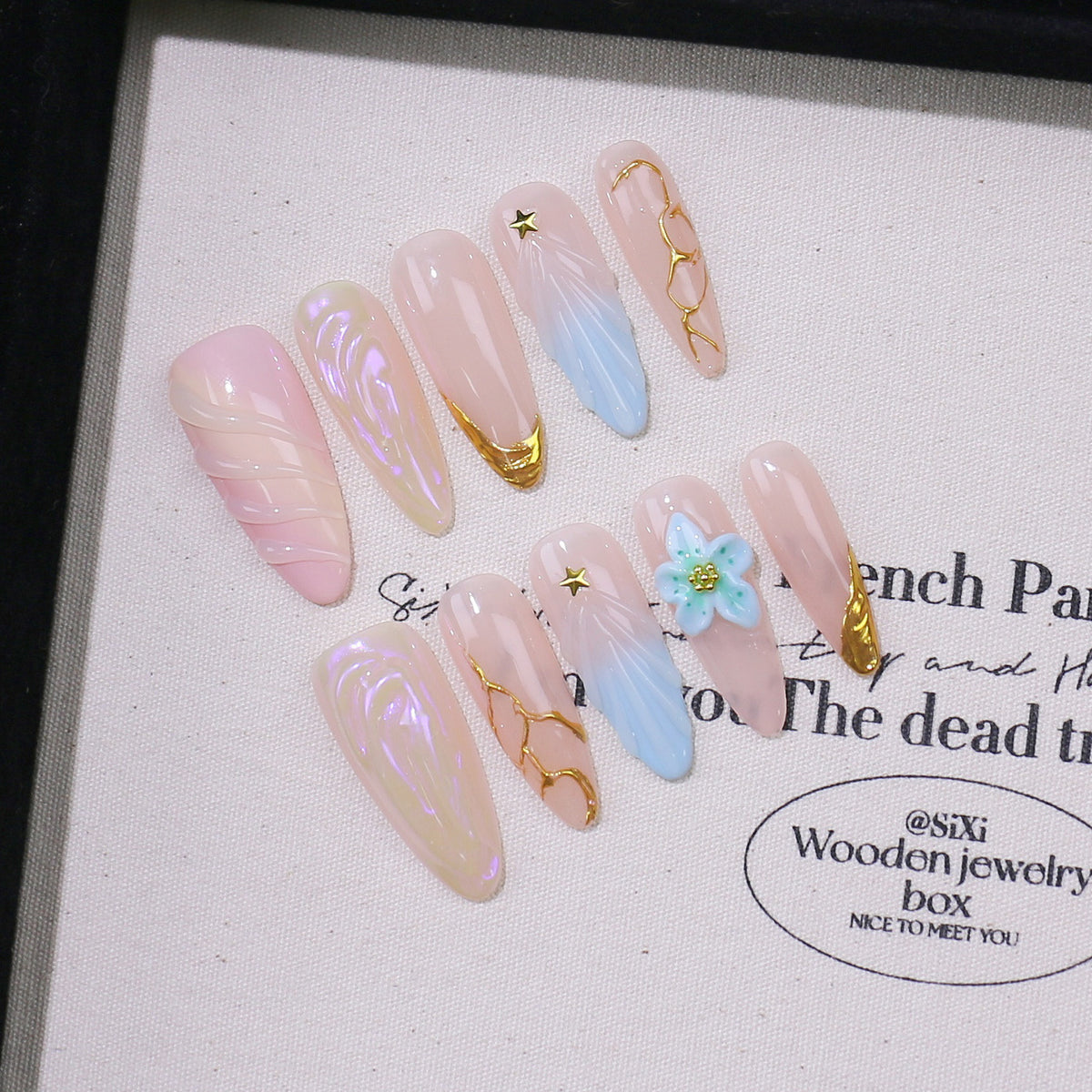 Fake Nail Set with Carved Shell Pattern - Long Almond French Style with Armor Fit