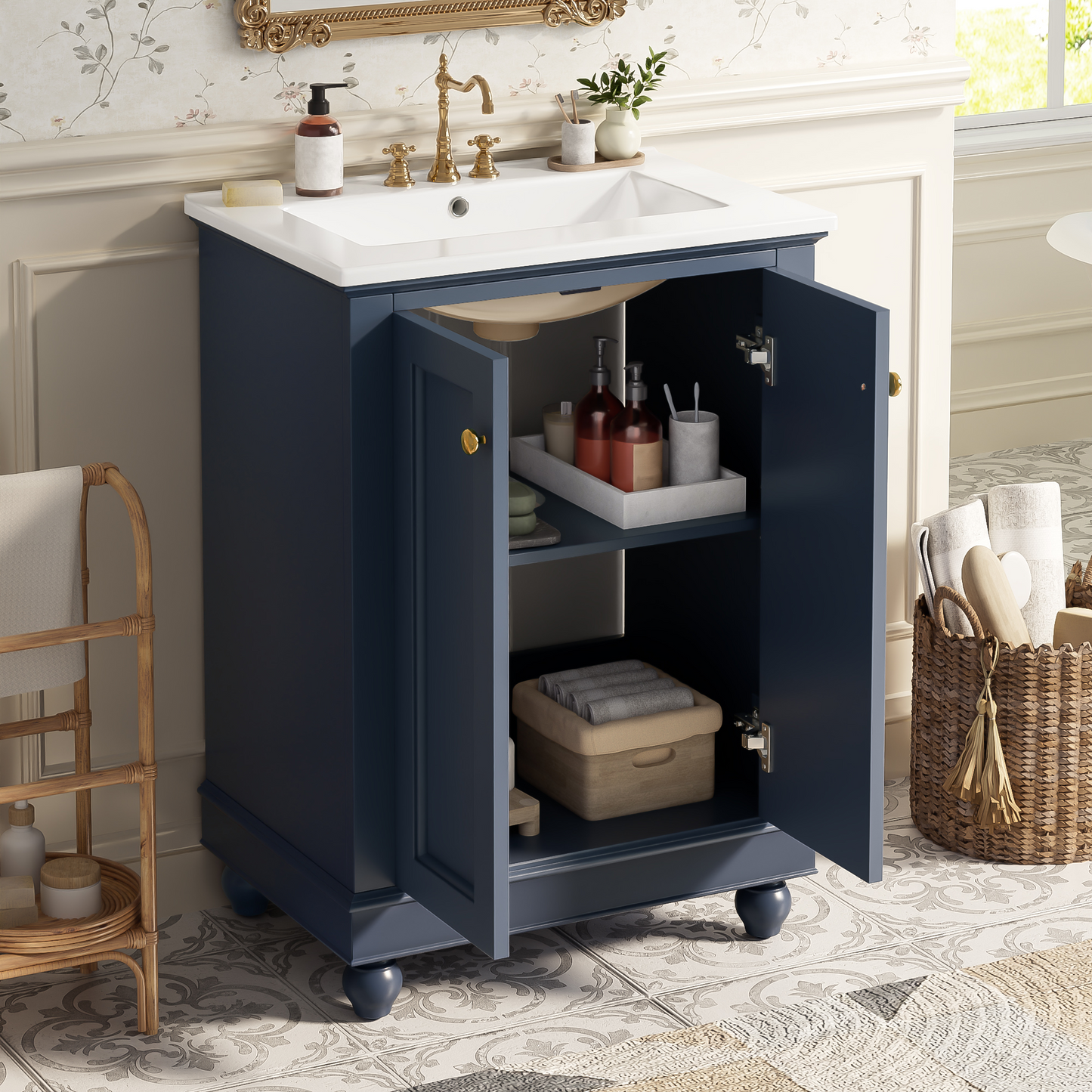 24-Inch Blue Bathroom Vanity Cabinet with Ceramic Sink
