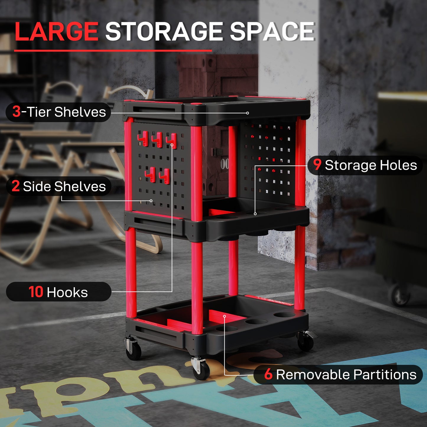 3-Tier Rolling Tool Cart - 200 lbs Capacity, Black & Red