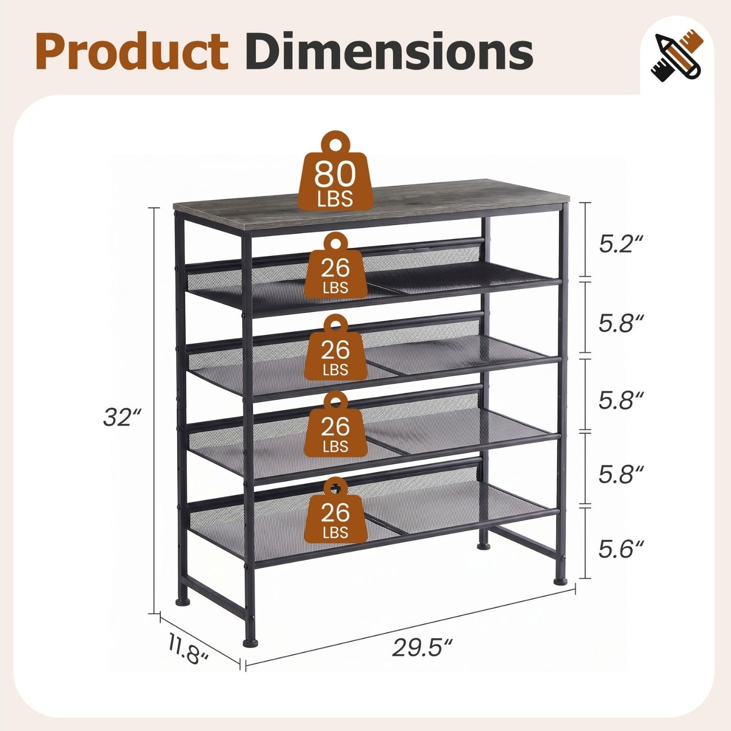 5-Tier Wood Top Shoe Rack - Industrial Style Organizer