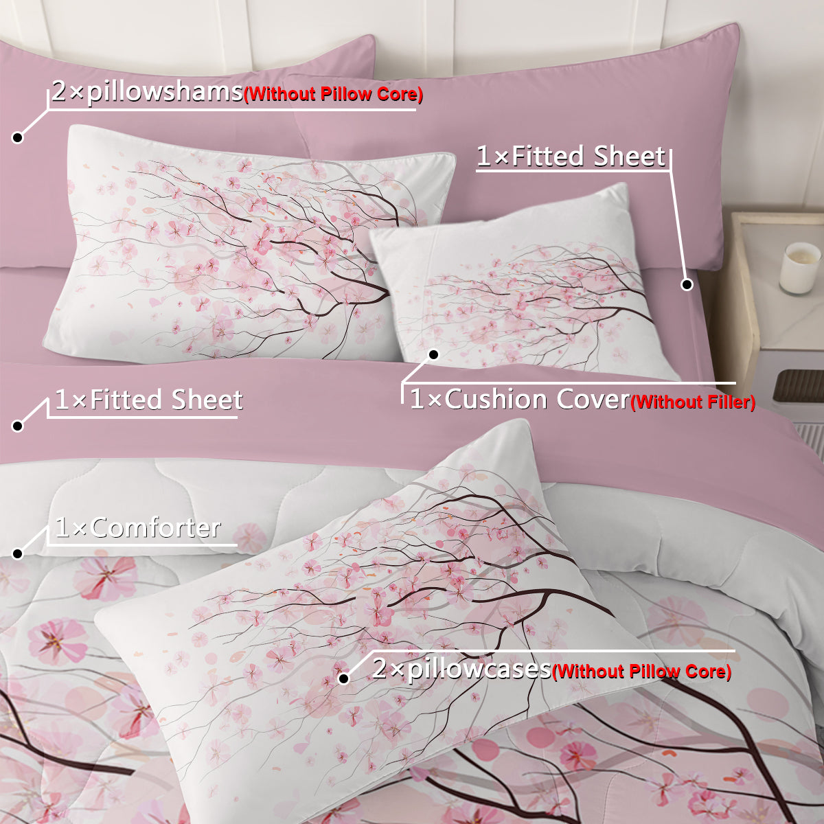 Cherry Blossom Comforter Set - 8 Pieces Twin Size Soft Bedding