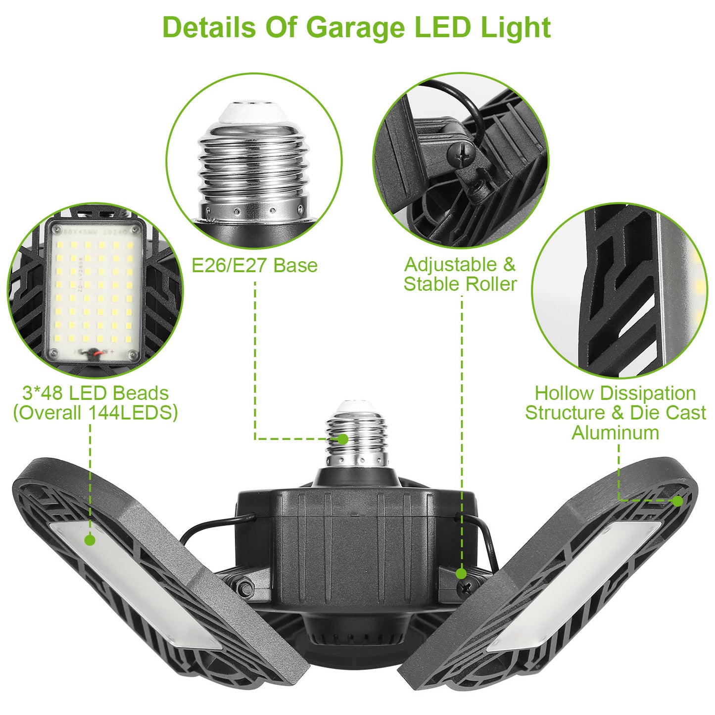 80W LED Garage Ceiling Light with 7000LM & 3 Adjustable Panels - E26/E27 Deformable Workshop Lamp