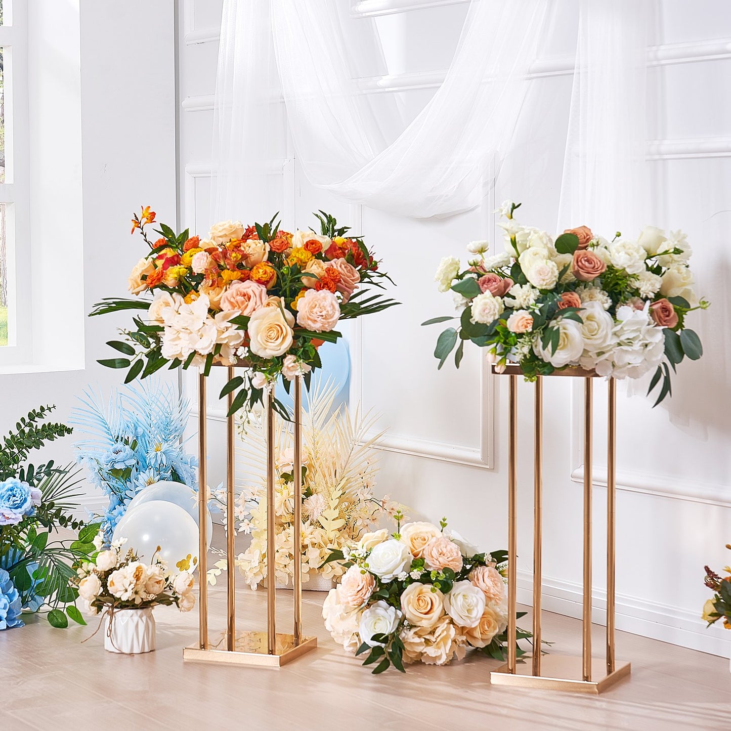 Gold Metal Wedding Flower Stand Set - 4 Pieces, 31.5 Inch High, Geometric Vase Display Racks for Events