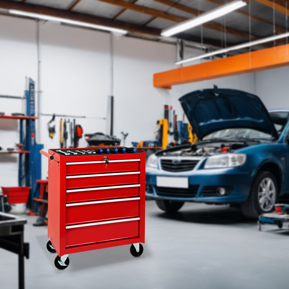 5-Drawer Rolling Tool Chest with Lock & Key - Red