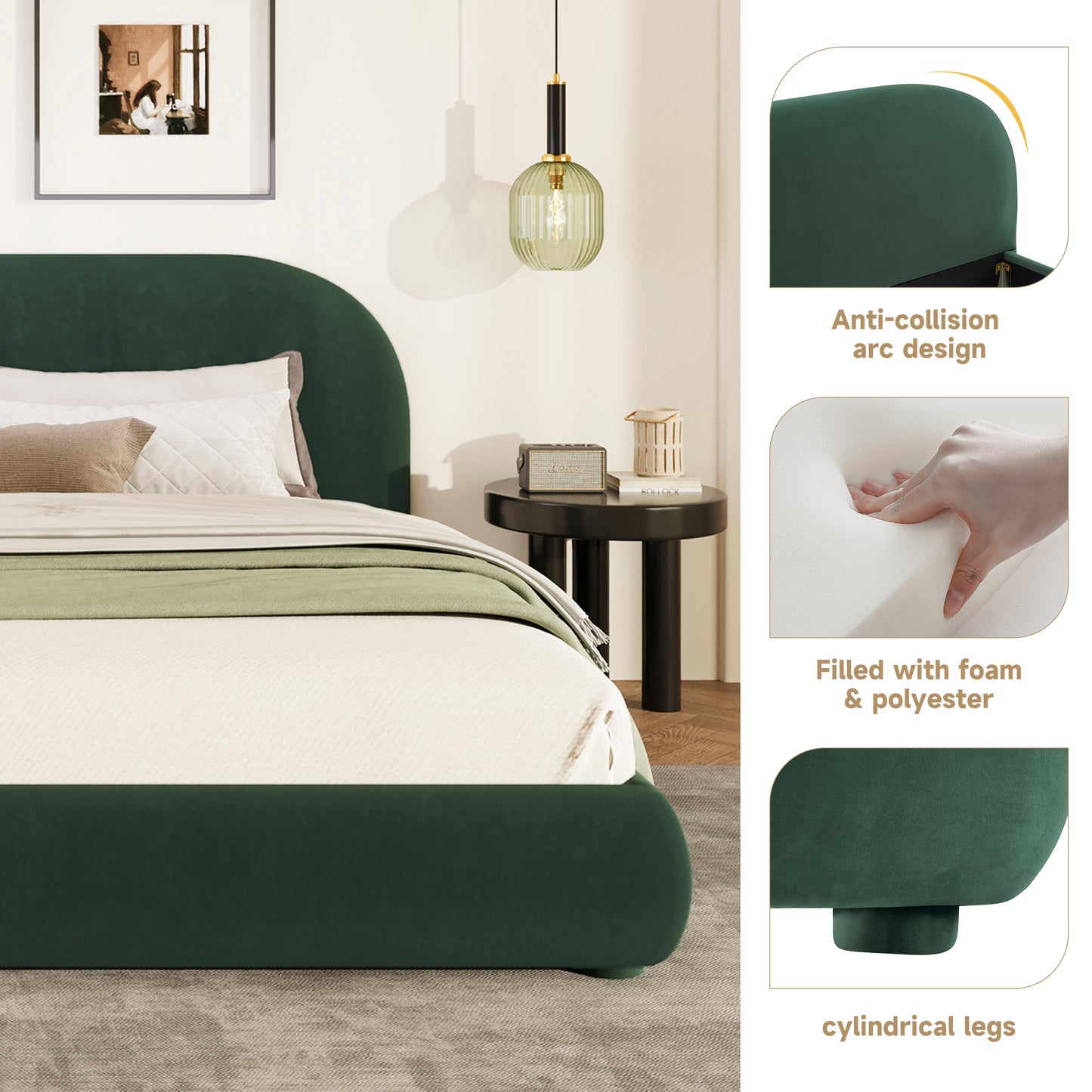 Dark Green Velvet Queen Bed with Curved Headboard