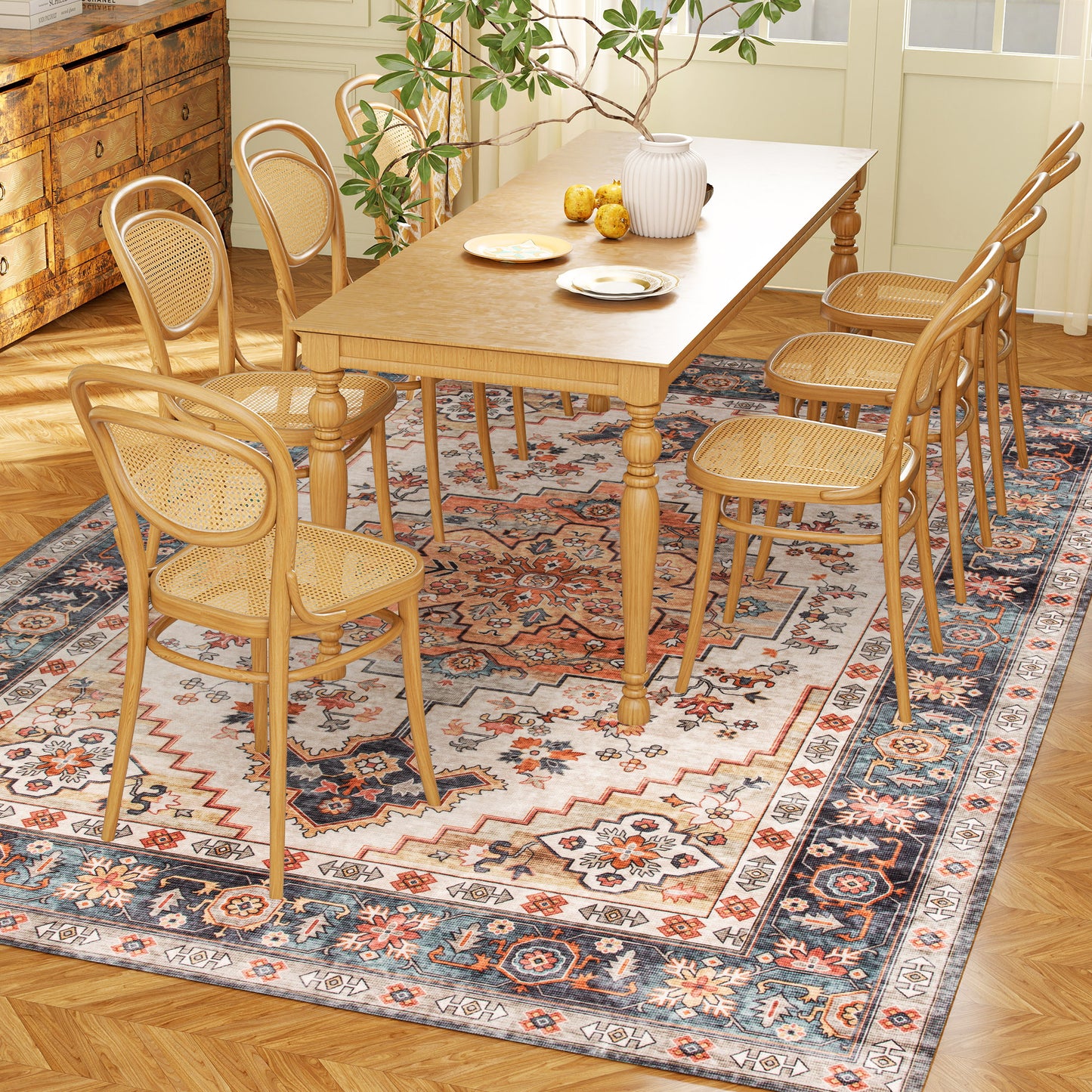 Boho Area Rug 5x7 - Machine Washable Non-Slip Medallion Design in Tawny Brown