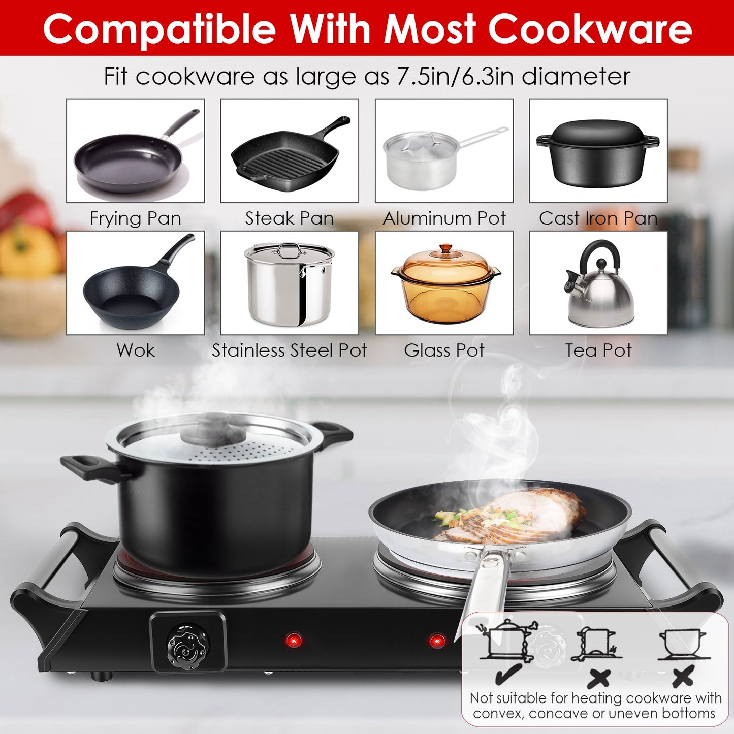 1800W Double Hot Plate Stove with Stepless Temperature Control, Portable Handles