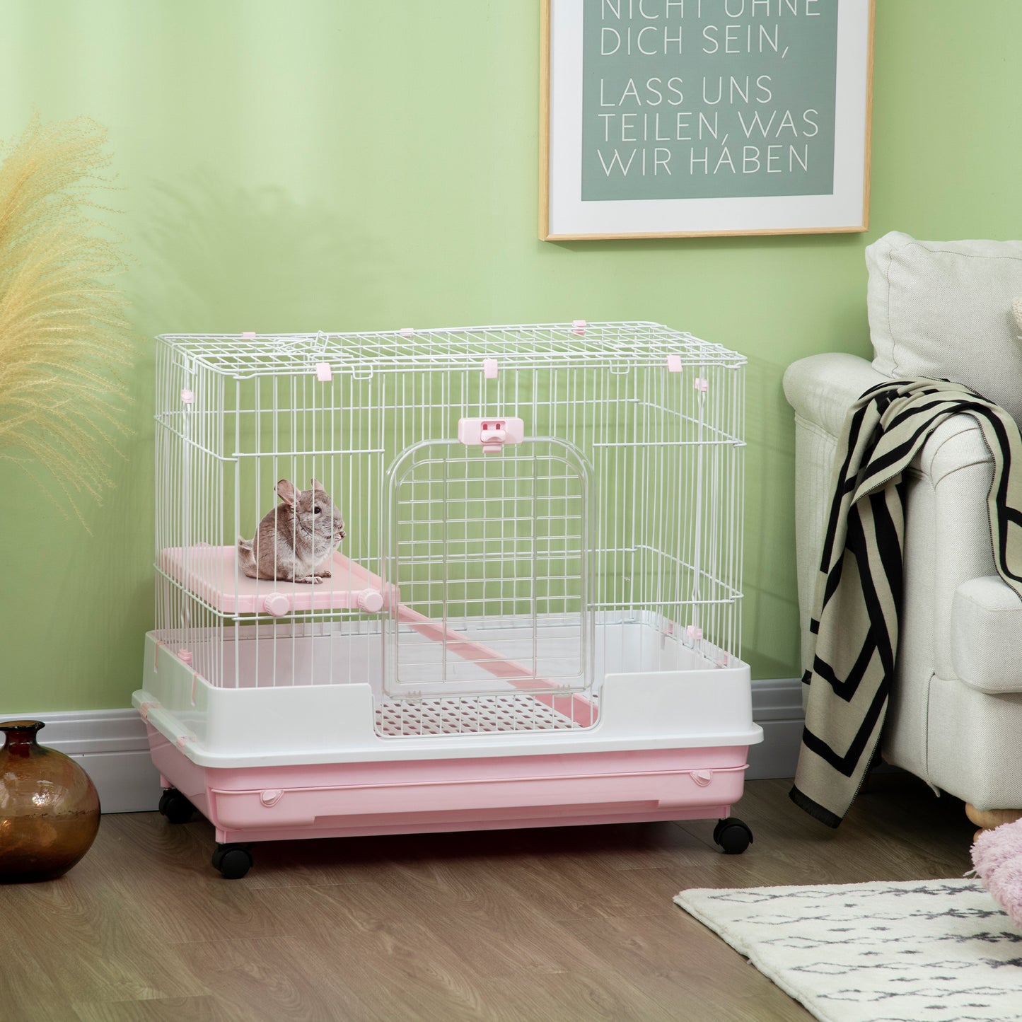 Small Animal Cage with Wheels, Removable Tray & Ramp for Rabbits, Ferrets, Chinchillas - Pink, 864x602x275mm