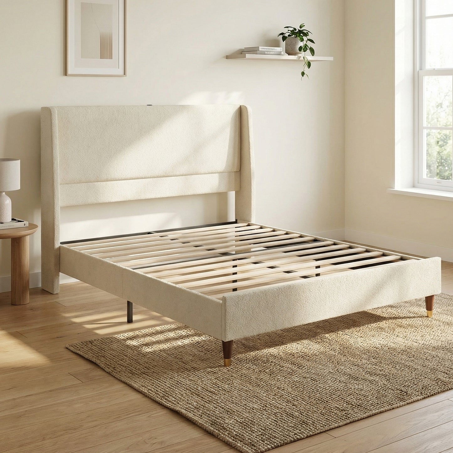 Queen Size Upholstered Bed Frame with USB Ports - Grey