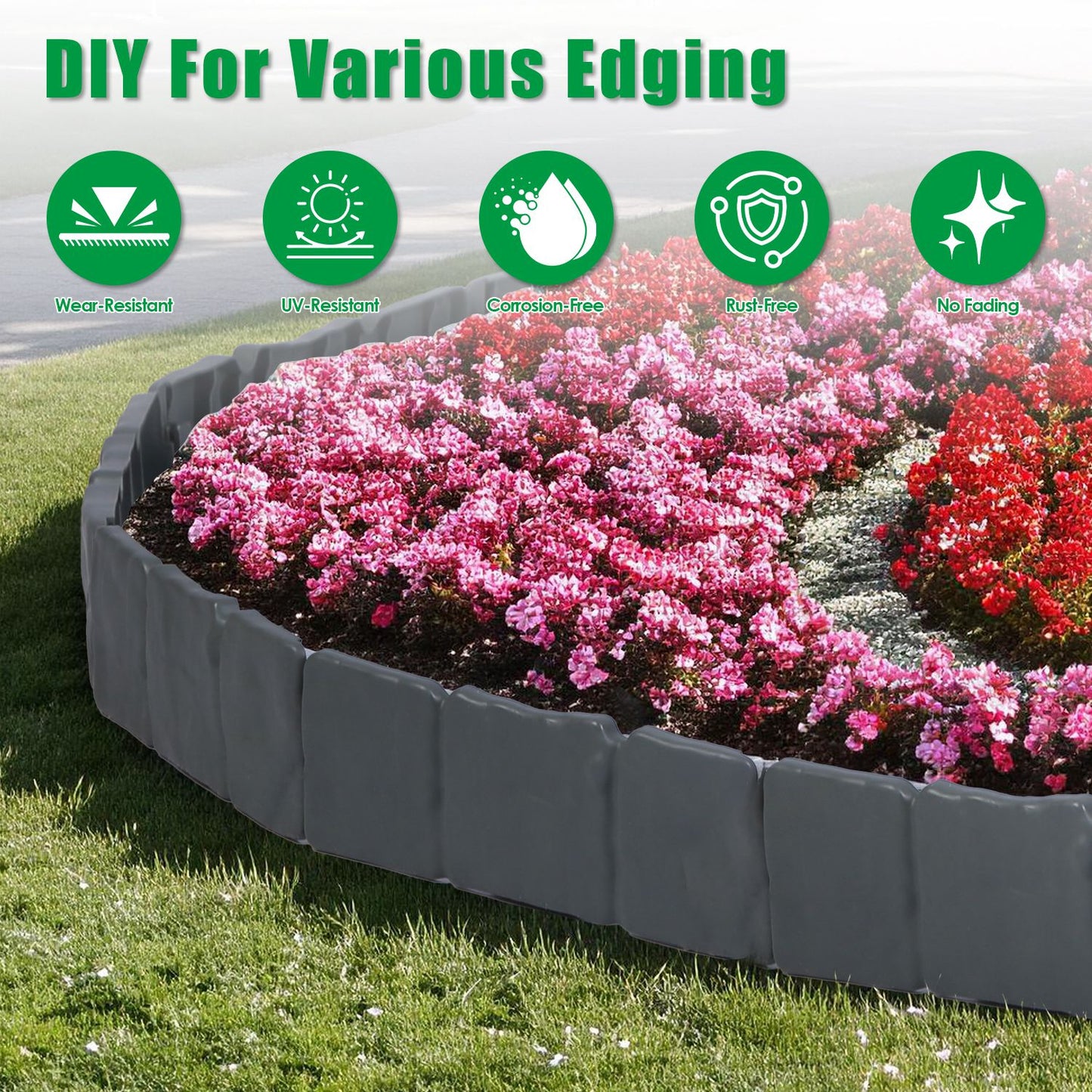 16ft Plastic Garden Edging Kit with 20 Interlocking Borders and Spikes - Flexible Lawn & Flower Bed Border