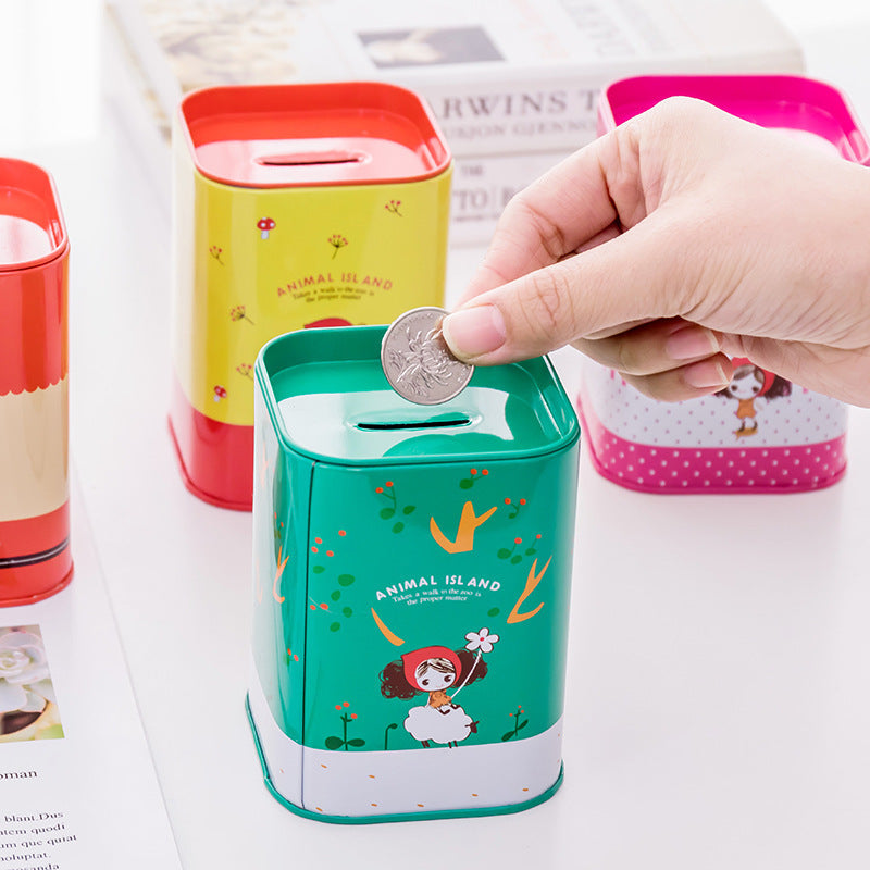 Square Metal Piggy Bank - Animal & Little Girl Series, Coin & Pen Storage
