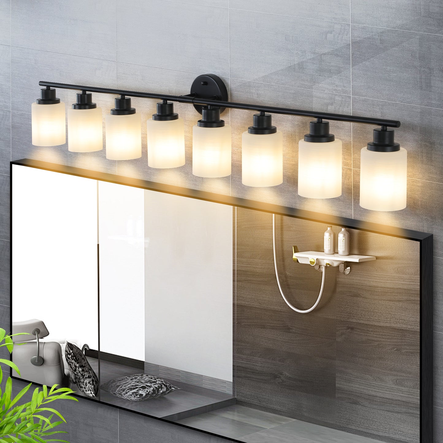 Modern 8-Light Vanity Wall Sconce - Frosted Glass & Black Frame