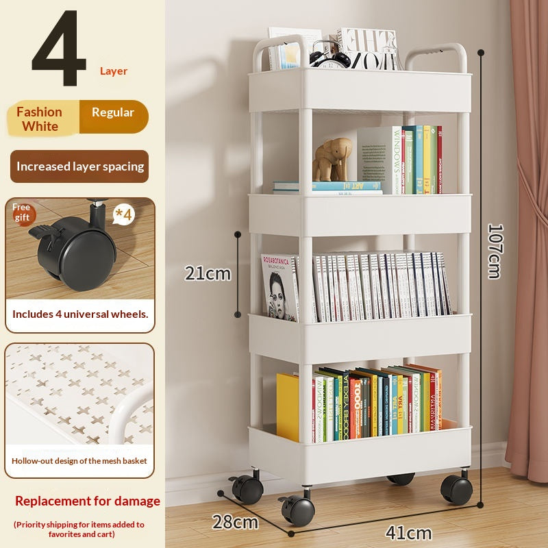 White 4-Layer Mobile Storage Rack with Hooks for Kitchen, Bathroom, Bedroom