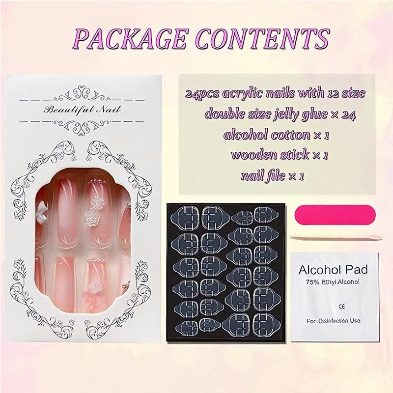 24-Piece Planet Pearl Flower Press-On Nails - Long Square Fake Nail Tips