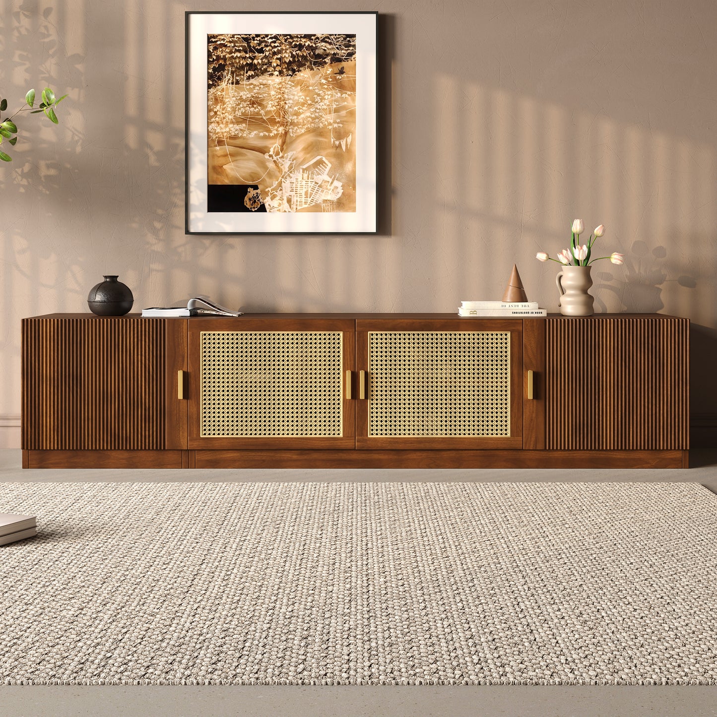 78" TV Stand for TVs Up to 85" - Walnut Media Console with Rattan Doors