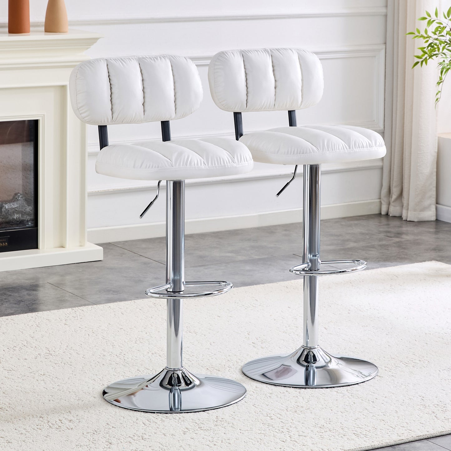 Set of 2 Adjustable Height Bar Stools - White PU Leather