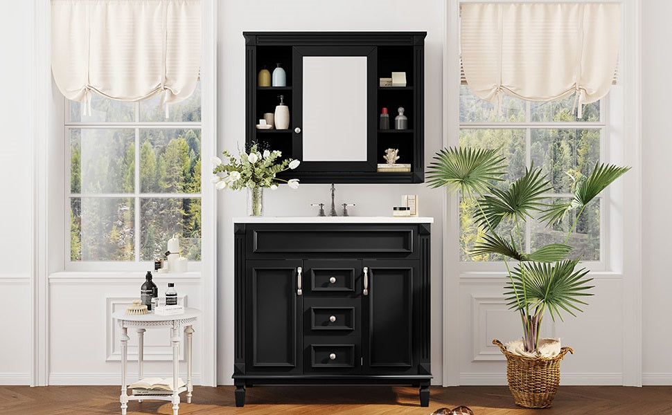 36'' Modern Bathroom Vanity with Black Mirror Cabinet & Sink