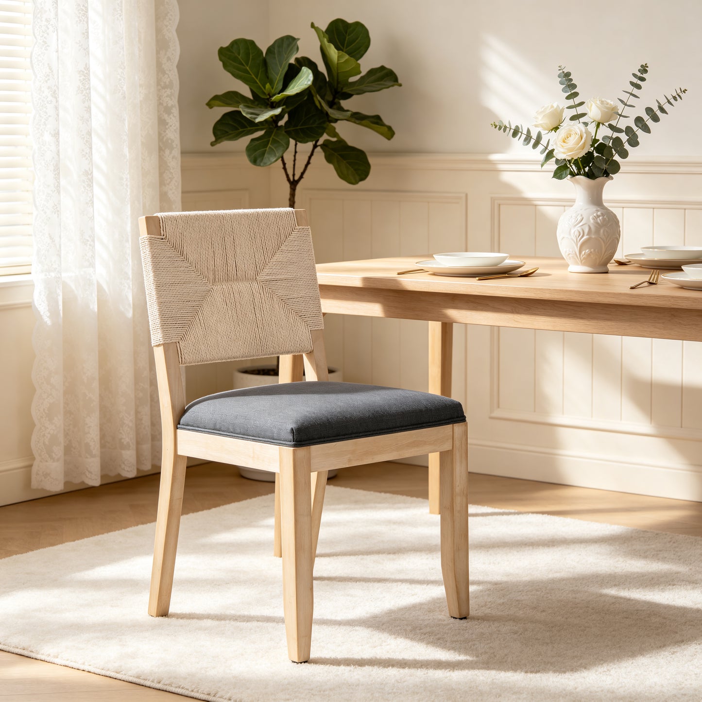 Beige Farmhouse Dining Chairs Set of 2 - Grey Upholstered