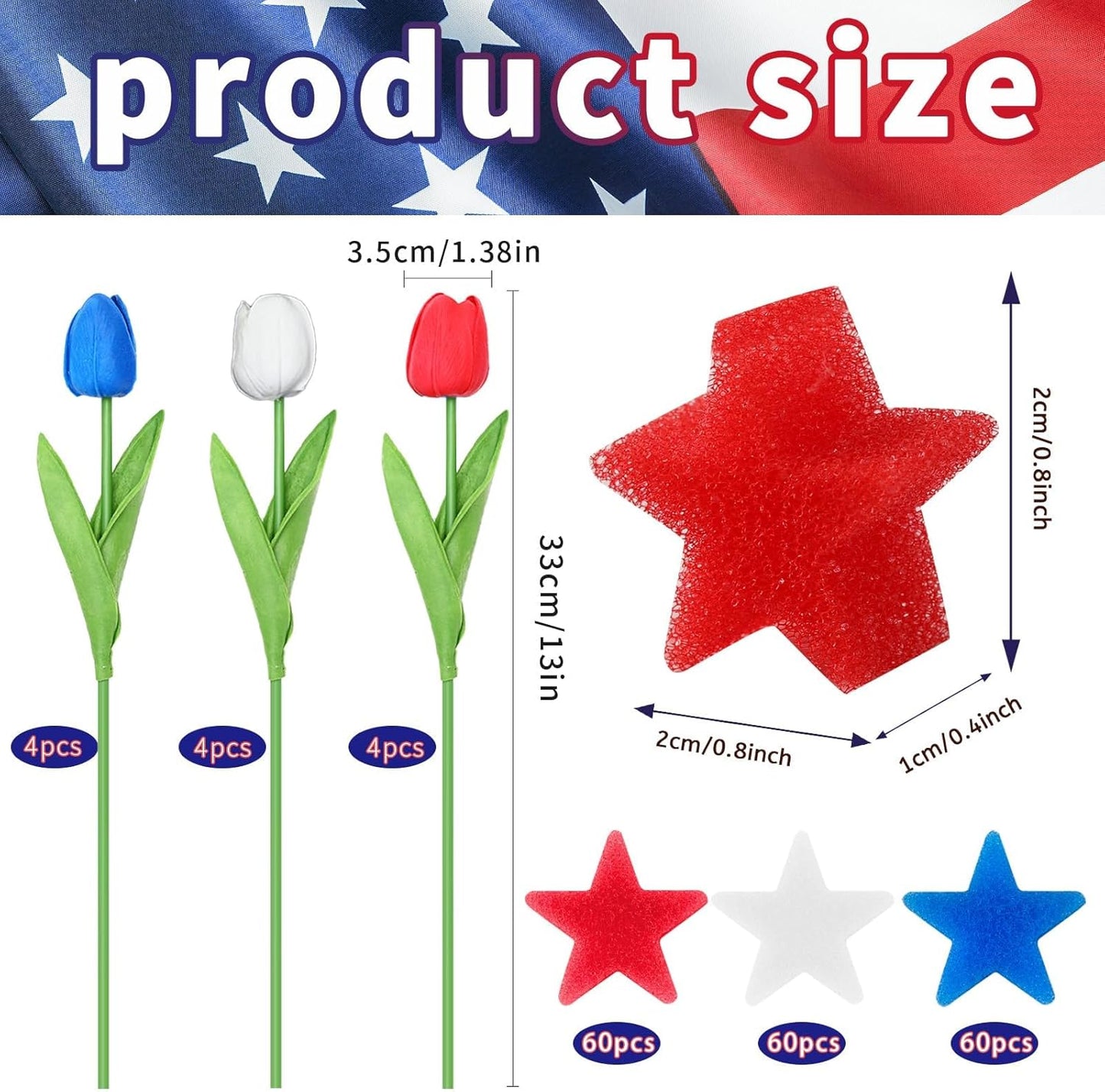 4th of July Artificial Tulips & Sponge Stars - 12 Pcs Set