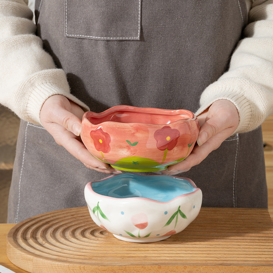 Hand Drawn Flower Ceramic Bowl - Irregular Pattern, 13cm Dinnerware