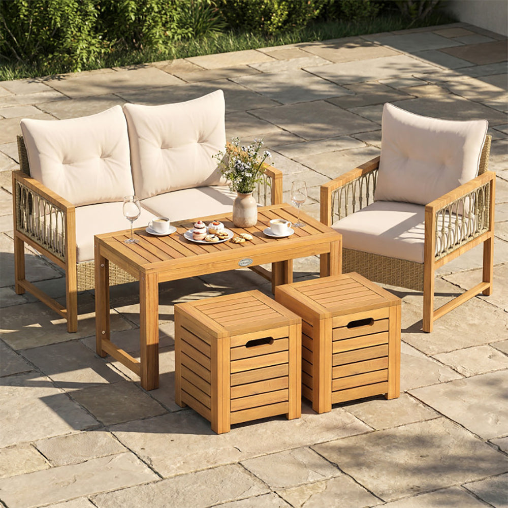 Acacia Wood Outdoor Coffee Table With Stools Set Of 2 3 Pieces Patio