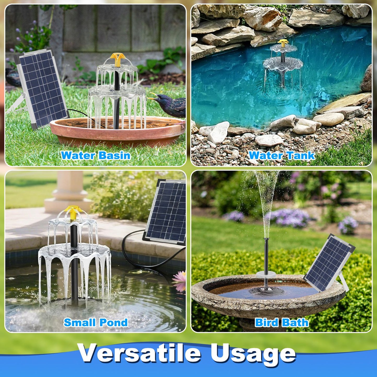 Solar Bird Bath Fountain Water Feature with Colorful LED Lights, 3 Nozzles, 6W Solar Panel