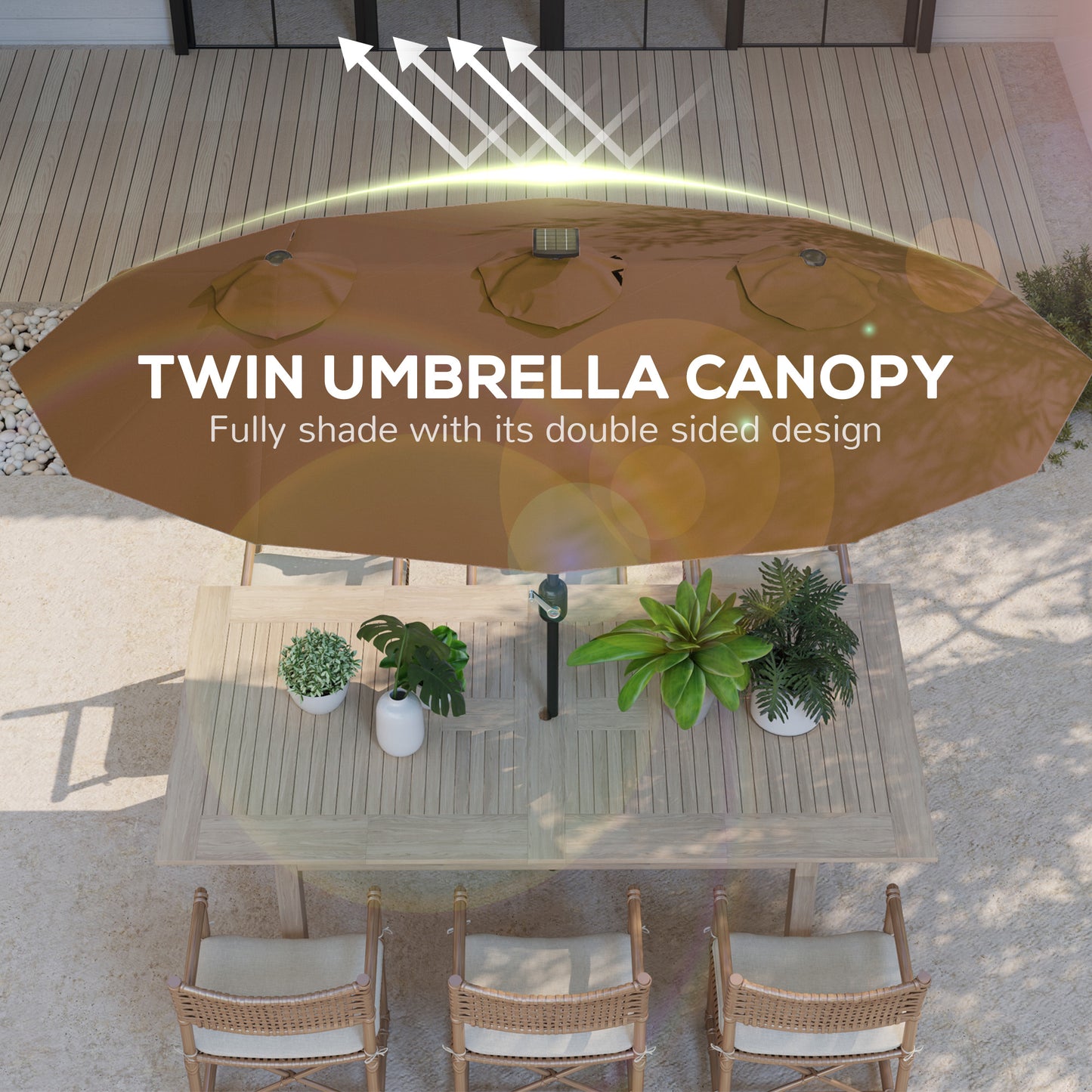 Double-Sided Patio Umbrella with Solar LED Light - Coffee