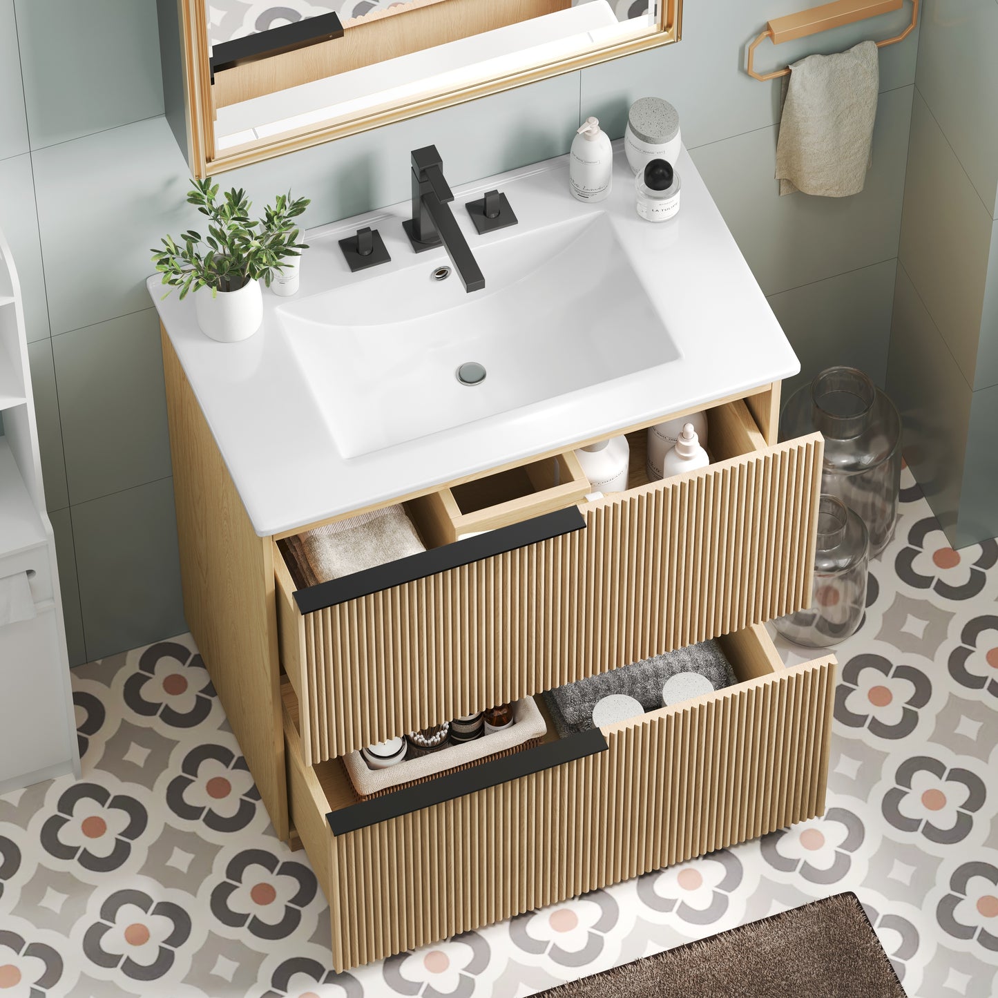 30" Bathroom Vanity with Ceramic Sink & Full-Extension Drawers - Natural