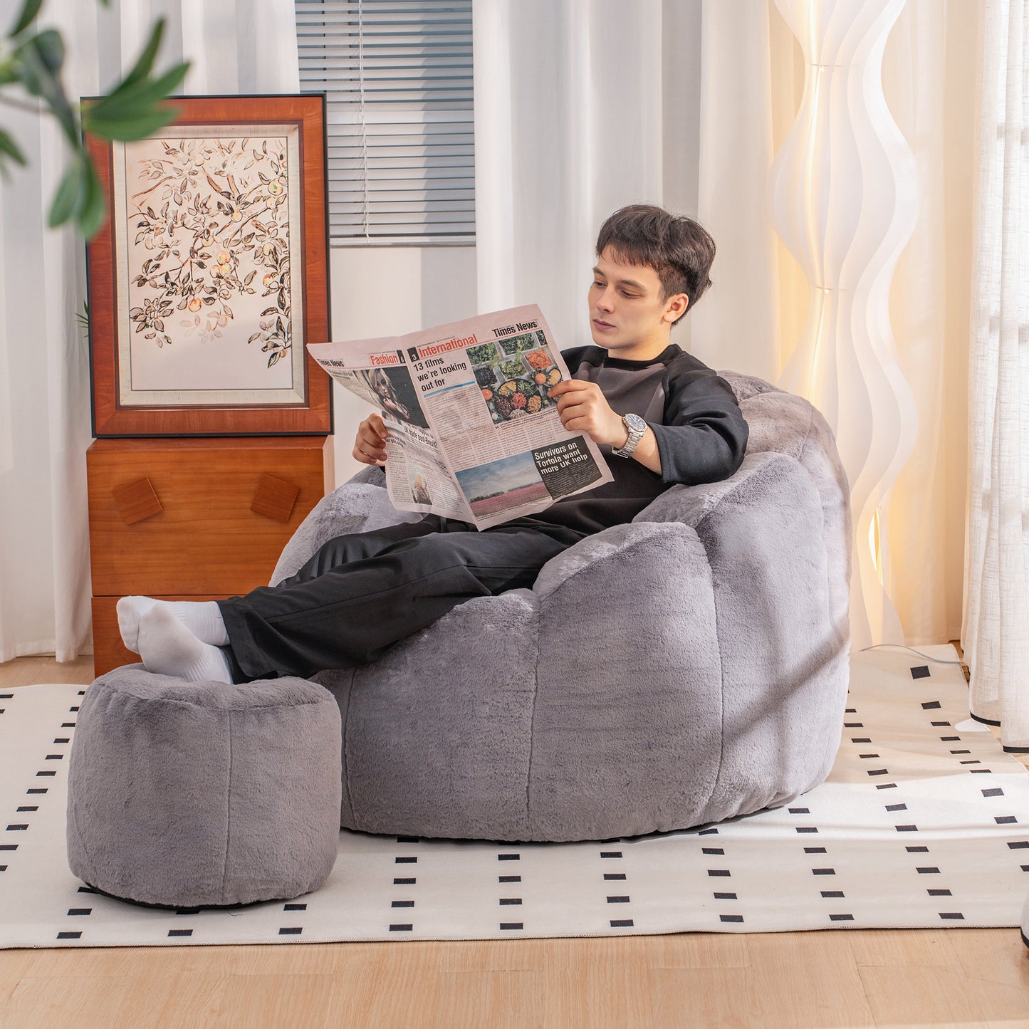 Oversized Faux Fur Bean Bag Chair for Adults & Kids - Gray