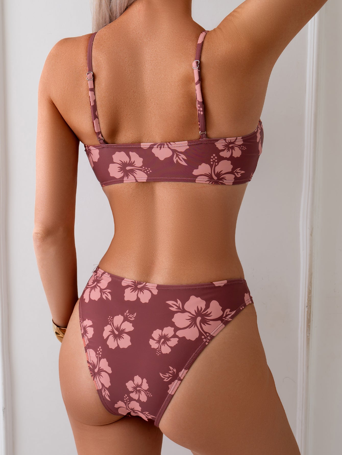 Hibiscus Print Bandeau Bikini Set - Gold U-Ring Top & High Cut Bottom