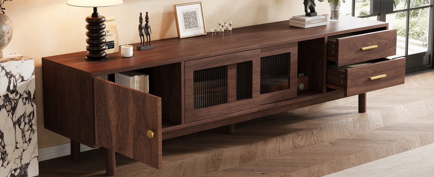 70-Inch Mid Century Modern TV Stand with Glass Sliding Doors