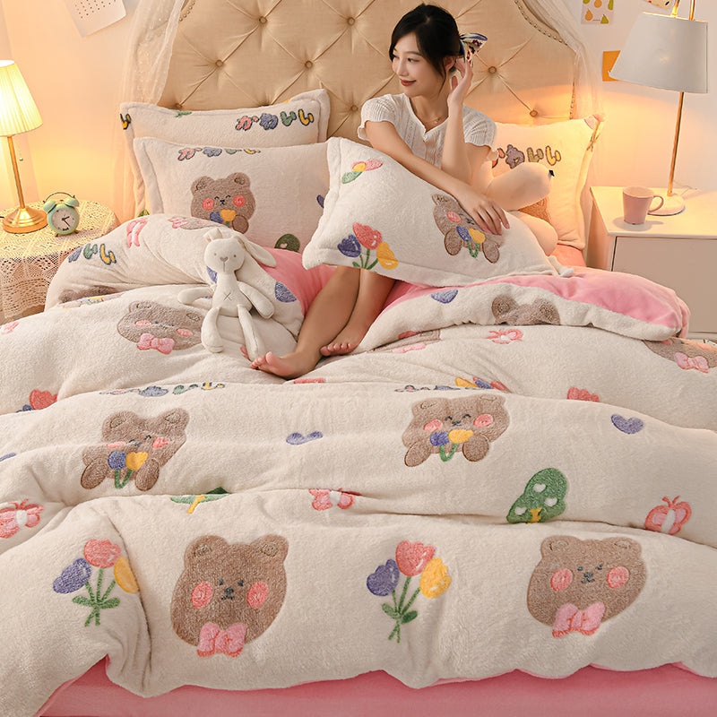 Coral Velvet Duvet Cover Set Double Sided Thick Bedding with Cartoon Patterns