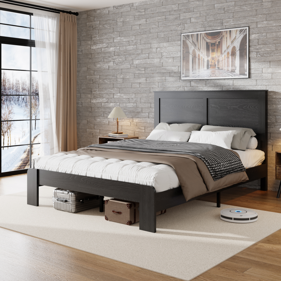 Queen Wood Platform Bed Frame with Underbed Storage - Black